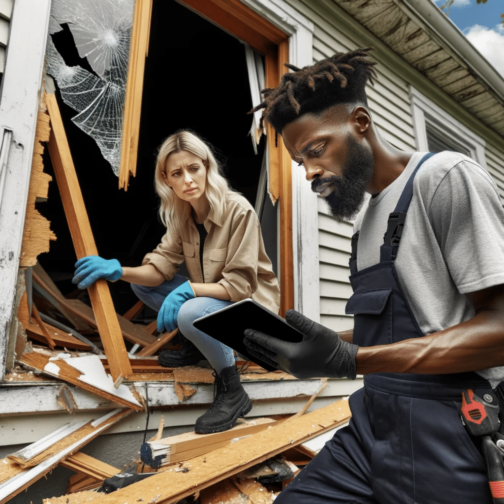 A close up of a damaged house facade in Columbus Ohio with visible signs of storm damage like shattered windows and debris.