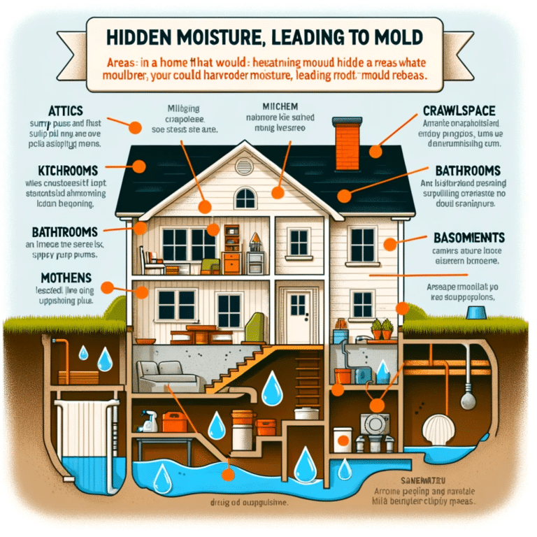 Cross section of a house highlighting moisture prone areas like attics basements kitchens and bathrooms with water droplet symbols