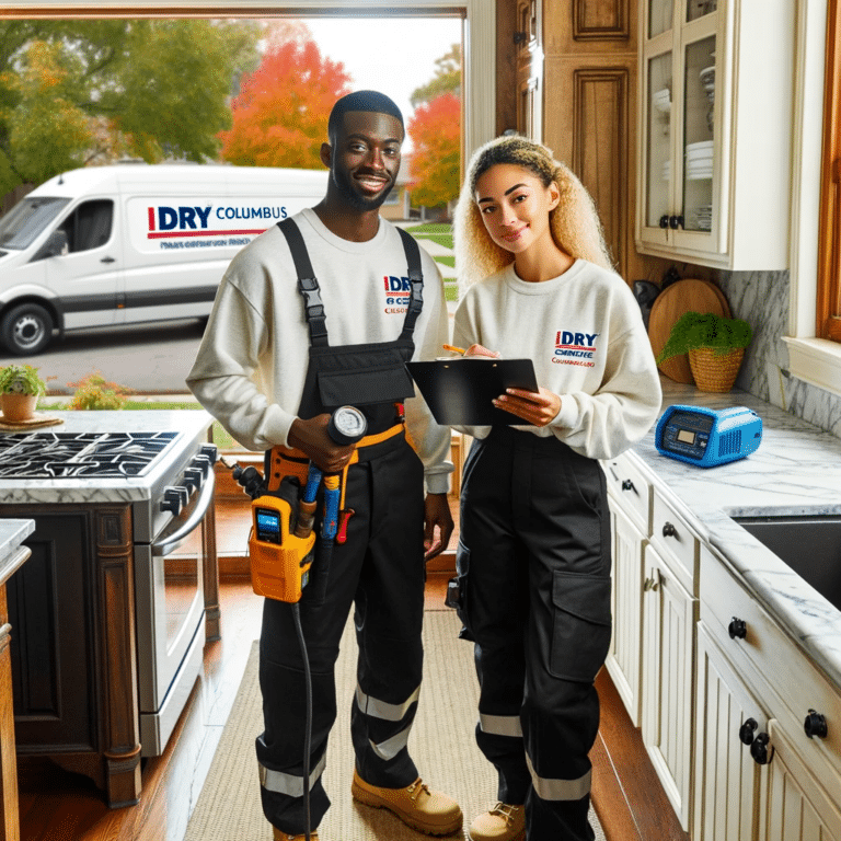 Illustration of emergency restoration service technicians in action in Bexley, Ohio.