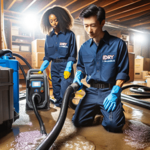 Two people working on a flooded basement during the cleanup in Dublin.