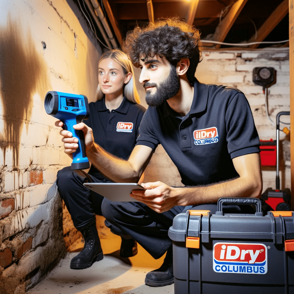 Illustration of a basement in Columbus, Ohio, with visible water damage on the walls. A technician from 'iDry Columbus', is performing damage inspection services.