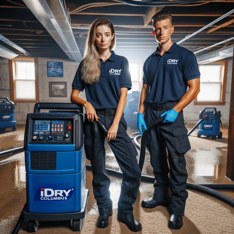 Two people standing next to a dehumidifier in a flooded basement during the cleanup in Dublin.