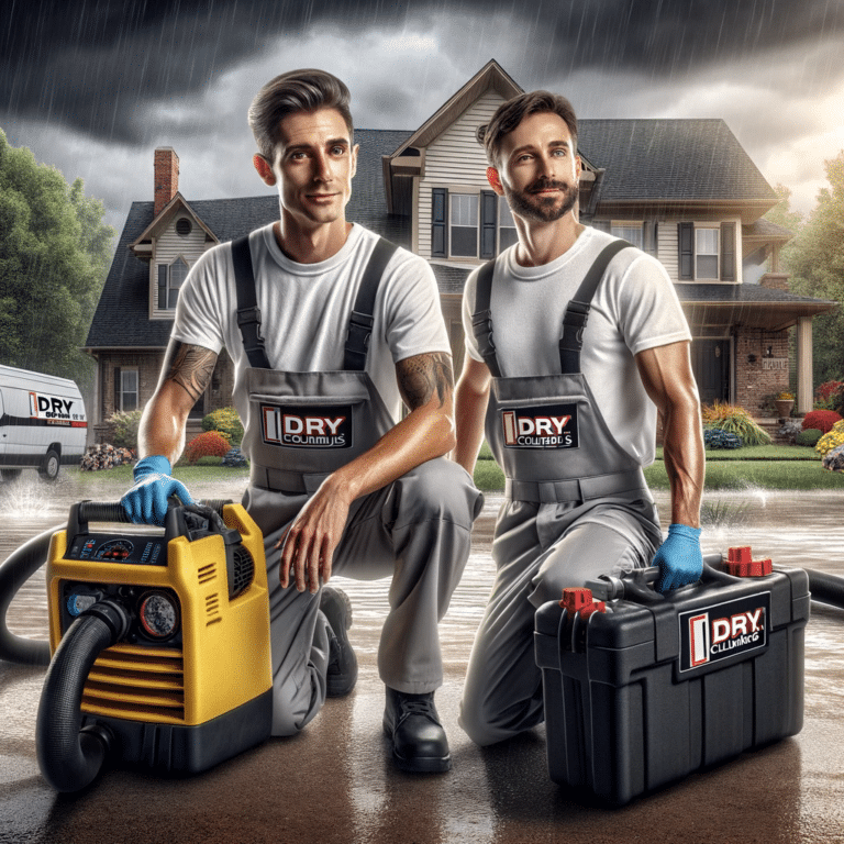 iDry Columbus technicians in Powell, Ohio, providing emergency restoration services. The scene shows a residential area with a house