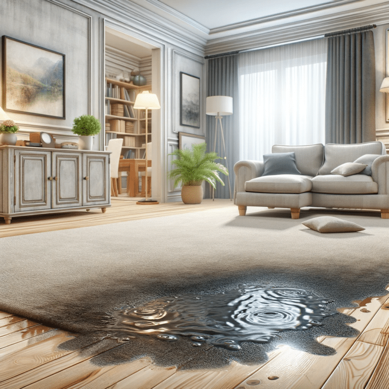 Living room with visible signs of water damage, including a discolored and damp carpet, and water stains on walls and furniture, highlighting the need for repair and restoration.