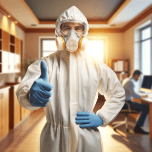 Professional technician in protective gear giving a thumbs-up in a clean, well-maintained commercial space, symbolizing trust and reliability in commercial mold inspections