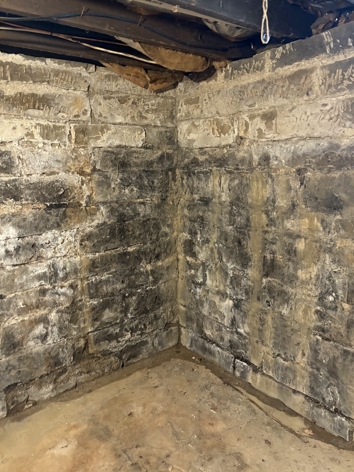 Moisture and efflorescence on crawl space block walls causing musty odor in Columbus home